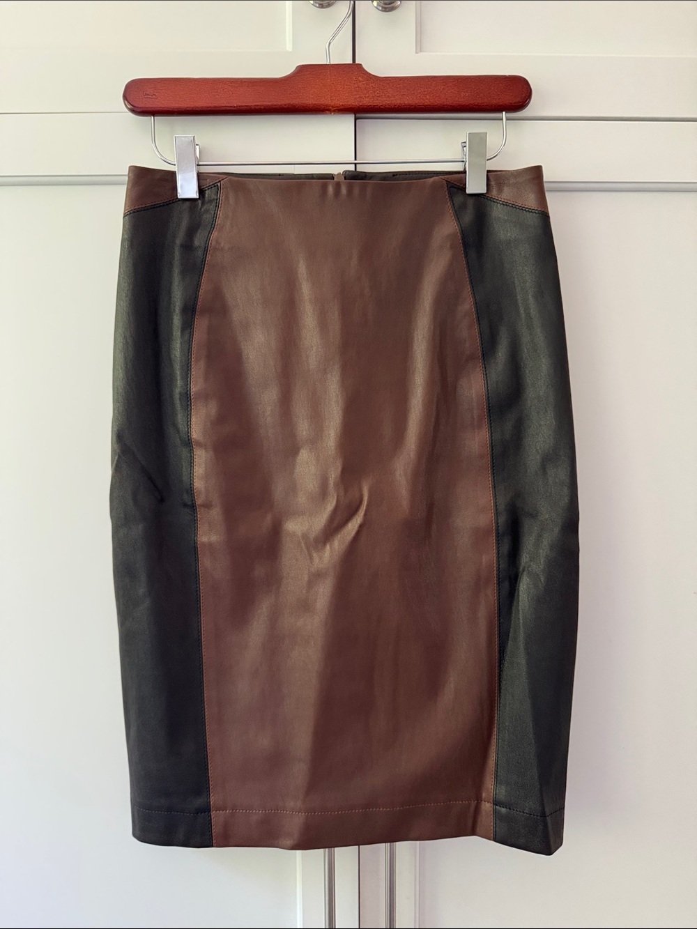 Veronica Beard Brown and Black Leather Panel Pencil Skirt